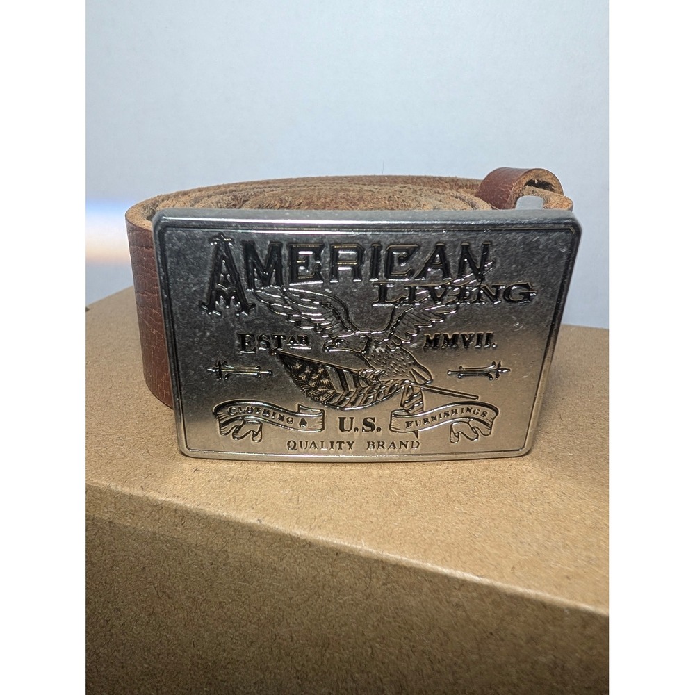 American Living Belt Mens M Brown Good Distressed Leather Eagle Plaque Buckle